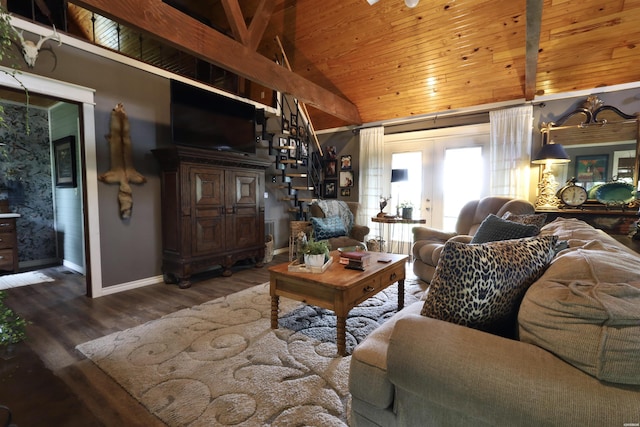 living room with beamed ceiling, wood finished floors, stairway, wooden ceiling, and baseboards