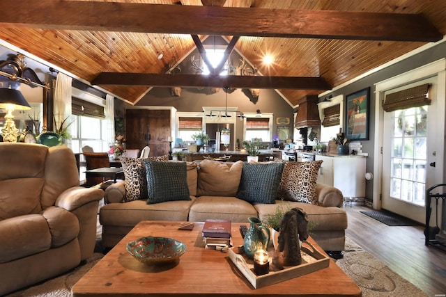 living room featuring wood finished floors, wood ceiling, and a wealth of natural light