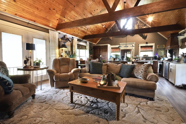 living room with dark wood finished floors, wooden ceiling, high vaulted ceiling, and beam ceiling