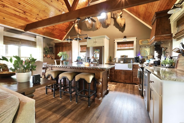 kitchen with dark wood-type flooring, a sink, a kitchen island, wooden ceiling, and stainless steel fridge with ice dispenser