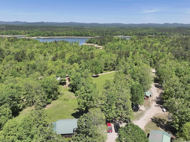 birds eye view of property featuring a wooded view and a water and mountain view
