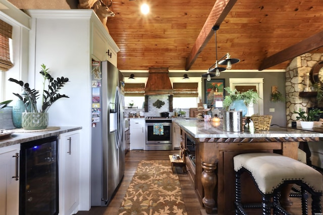 kitchen featuring dark wood-type flooring, wine cooler, beamed ceiling, wood ceiling, and stainless steel appliances