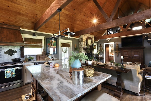 kitchen featuring vaulted ceiling with beams, custom range hood, decorative backsplash, wooden ceiling, and electric range
