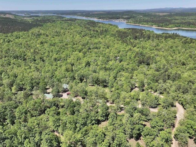 drone / aerial view featuring a water view and a wooded view
