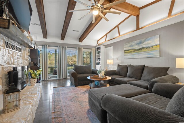 living room featuring beamed ceiling, visible vents, ceiling fan, and tile patterned floors