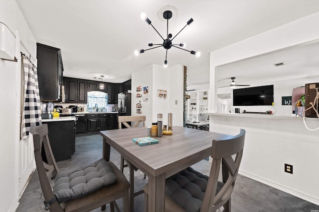 dining space featuring visible vents, baseboards, and ceiling fan with notable chandelier