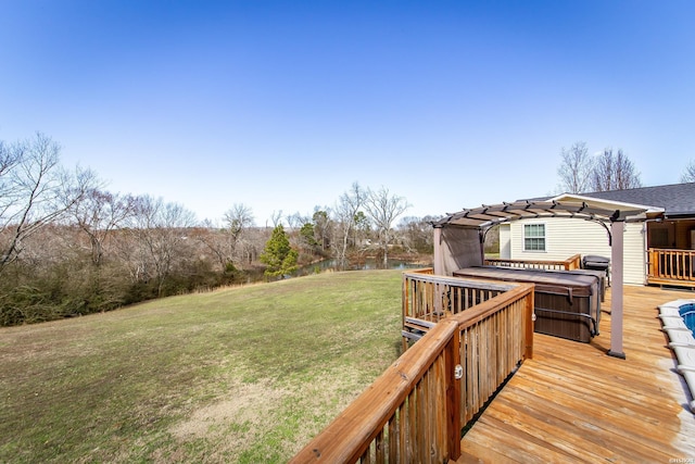 2939 Finch Rd, Bismarck, AR 71929 - wooden deck featuring a pergola, a lawn, and a water view