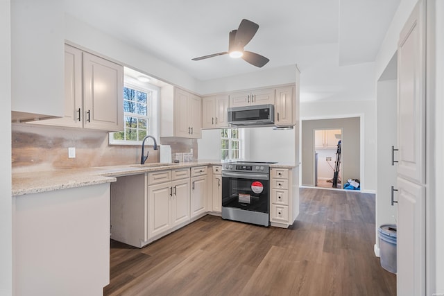 kitchen featuring light stone countertops, stainless steel appliances, dark wood-style flooring, a sink, and decorative backsplash