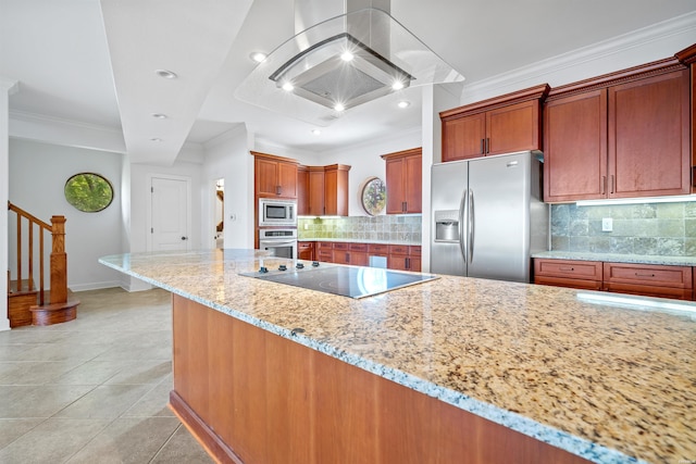 kitchen with crown molding, light tile patterned floors, backsplash, appliances with stainless steel finishes, and light stone countertops