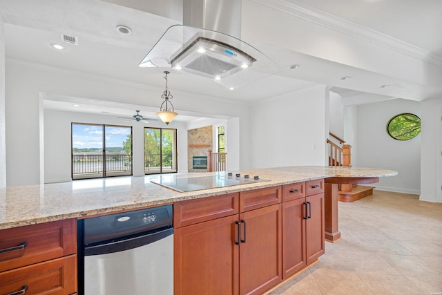 kitchen featuring black electric cooktop, open floor plan, ornamental molding, light stone countertops, and decorative light fixtures