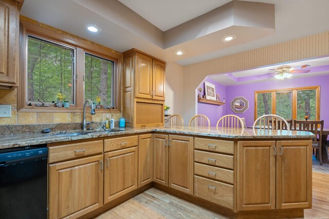 111 Black Oak Ct, Hot Springs, AR 71913 - kitchen featuring black dishwasher, a peninsula, light stone counters, light wood-style flooring, and healthy amount of natural light