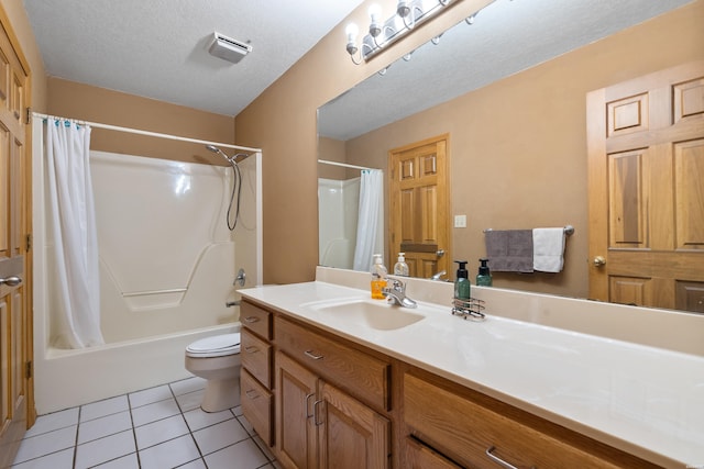111 Black Oak Ct, Hot Springs, AR 71913 - bathroom with vanity, shower / bathtub combination with curtain, tile patterned floors, and a textured ceiling
