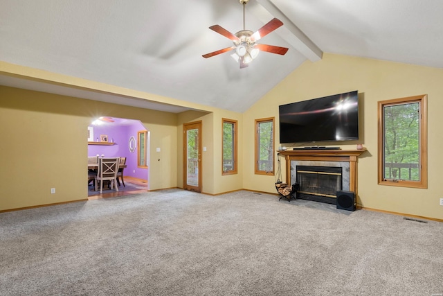111 Black Oak Ct, Hot Springs, AR 71913 - carpeted living area featuring ceiling fan and a fireplace