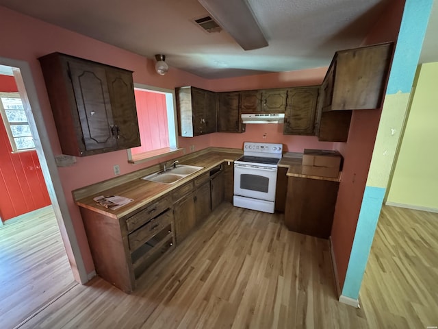 kitchen with visible vents, electric stove, light wood-type flooring, under cabinet range hood, and a sink