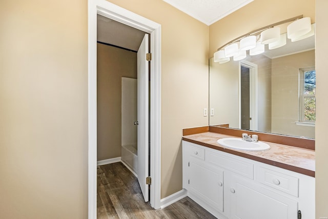 bathroom featuring wood finished floors, vanity, and baseboards