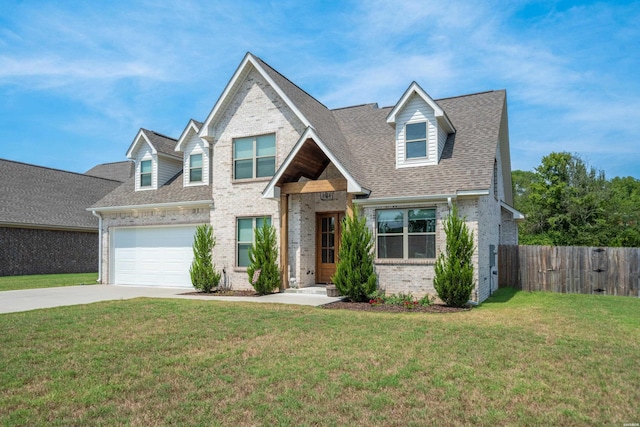 view of front of house with concrete driveway, brick siding, fence, and a front lawn