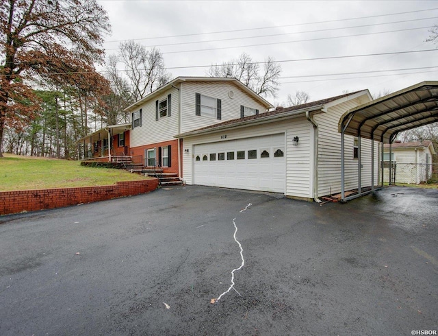 view of property exterior with a garage, driveway, a yard, and a carport