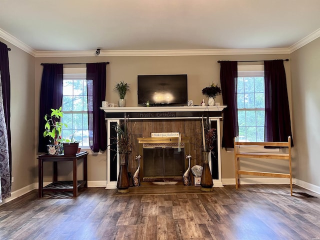 1246 Golf Links Rd, Hot Springs, AR 71913 - living area featuring a glass covered fireplace, wood finished floors, healthy amount of natural light, crown molding, and baseboards