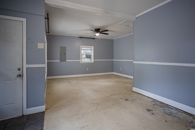 301 Riley St, Hot Springs, AR 71901 - empty room featuring electric panel, baseboards, a ceiling fan, concrete flooring, and crown molding