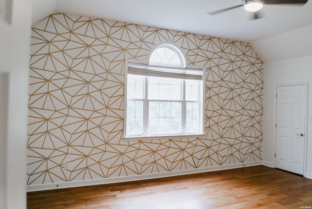 empty room featuring vaulted ceiling, wood finished floors, a wealth of natural light, and baseboards