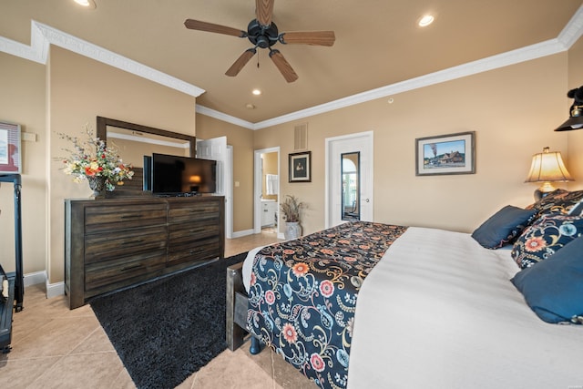 1380 Airport Rd Unit E-1, Hot Springs, AR 71913 - bedroom with ornamental molding, recessed lighting, light tile patterned flooring, connected bathroom, and a ceiling fan