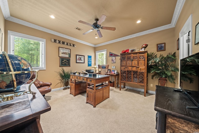 1380 Airport Rd Unit E-1, Hot Springs, AR 71913 - office area with a ceiling fan, light colored carpet, ornamental molding, and recessed lighting