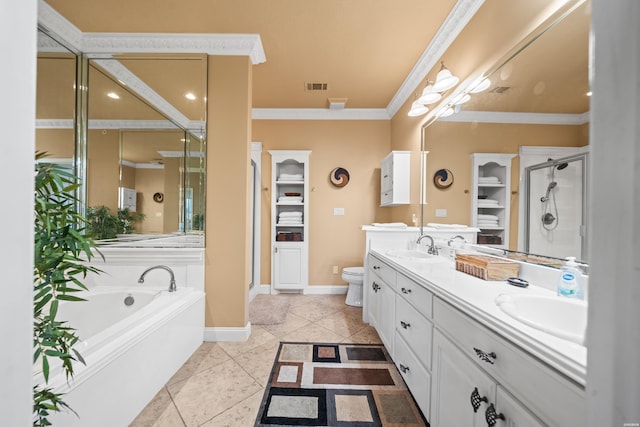 1380 Airport Rd Unit E-1, Hot Springs, AR 71913 - bathroom featuring crown molding, a stall shower, double vanity, a garden tub, and tile patterned flooring