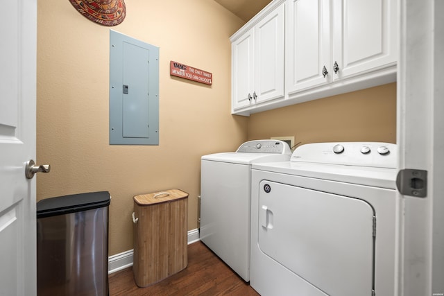 1380 Airport Rd Unit E-1, Hot Springs, AR 71913 - laundry area featuring electric panel, independent washer and dryer, cabinet space, and dark wood-type flooring