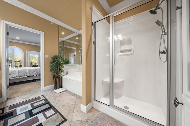 1380 Airport Rd Unit E-1, Hot Springs, AR 71913 - bathroom with crown molding, a stall shower, a garden tub, ensuite bath, and recessed lighting