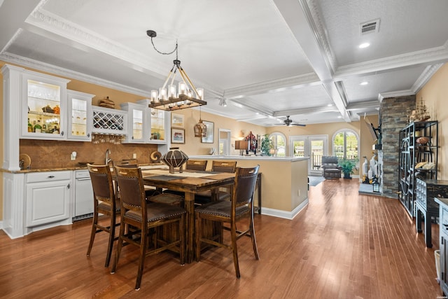 1380 Airport Rd Unit E-1, Hot Springs, AR 71913 - dining space with ceiling fan, beam ceiling, wood finished floors, crown molding, and coffered ceiling
