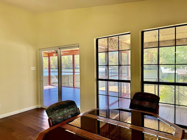 office space featuring baseboards, wood finished floors, and a healthy amount of sunlight