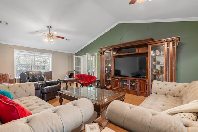 103 Deer View Ct, Hot Springs, AR 71913 - living room featuring a ceiling fan, wood finished floors, lofted ceiling, and crown molding