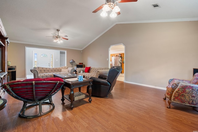 103 Deer View Ct, Hot Springs, AR 71913 - living room featuring a ceiling fan, wood finished floors, arched walkways, baseboards, and ornamental molding