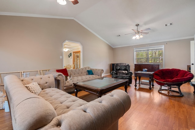 103 Deer View Ct, Hot Springs, AR 71913 - living room with a ceiling fan, light wood-style floors, lofted ceiling, arched walkways, and ornamental molding