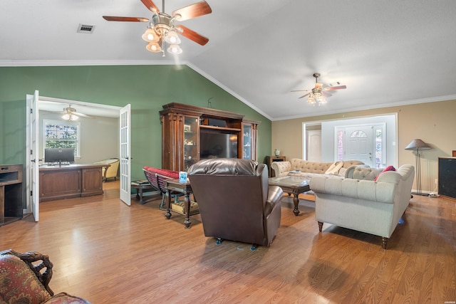 103 Deer View Ct, Hot Springs, AR 71913 - living area with ceiling fan, light wood-style floors, lofted ceiling, and ornamental molding