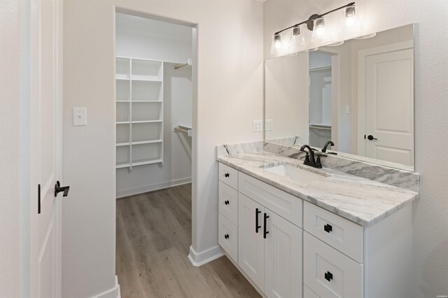 bathroom featuring baseboards, a spacious closet, vanity, and wood finished floors