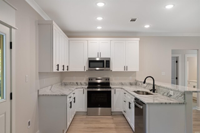 kitchen featuring stainless steel appliances, visible vents, white cabinetry, a sink, and a peninsula