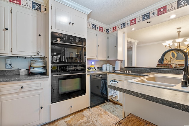 kitchen featuring dark countertops, black appliances, white cabinets, and a sink