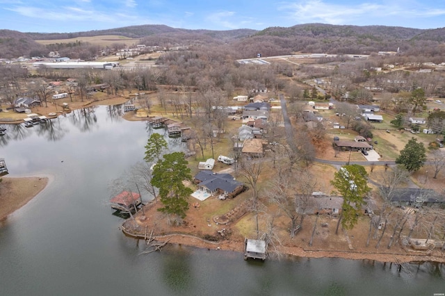 bird's eye view with a residential view and a water and mountain view