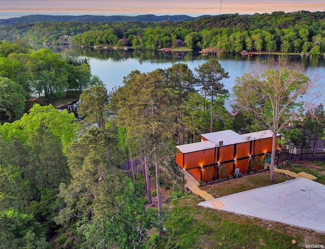 aerial view at dusk featuring a water view and a view of trees