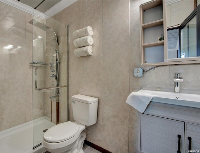 full bathroom with a stall shower, vanity, toilet, and decorative backsplash
