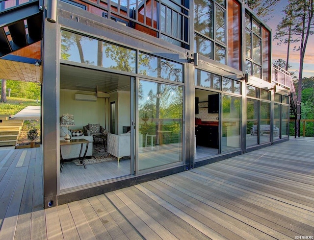 exterior entry at dusk with an AC wall unit