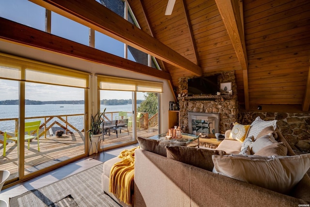 living room featuring high vaulted ceiling, beamed ceiling, a fireplace, and wooden ceiling