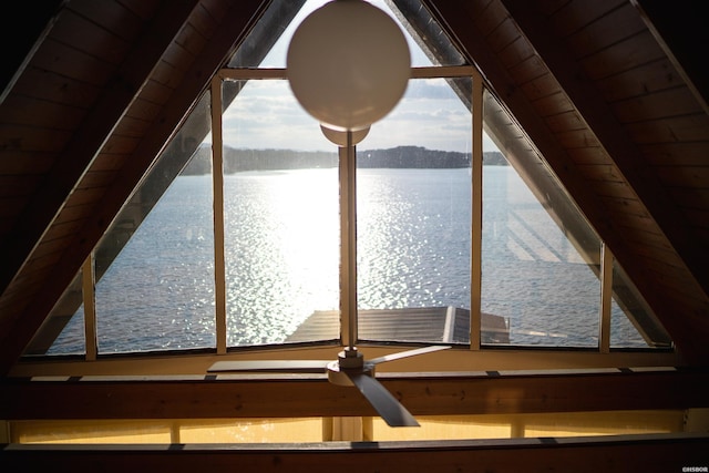 room details featuring wooden ceiling and a water view