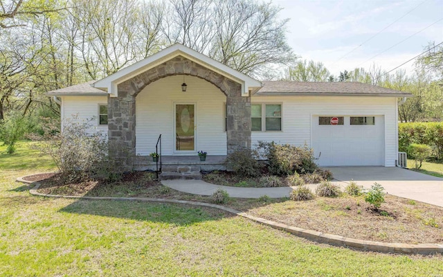 1660 Deerpark Rd, Hot Springs, AR 71901 - ranch-style house featuring stone siding, driveway, a front lawn, covered porch, and a garage