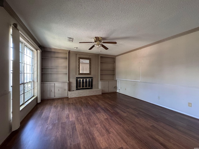 600 Higdon Ferry Rd Unit 203, Hot Springs, AR 71901 - unfurnished living room with a textured ceiling, ceiling fan, wood finished floors, built in features, and ornamental molding