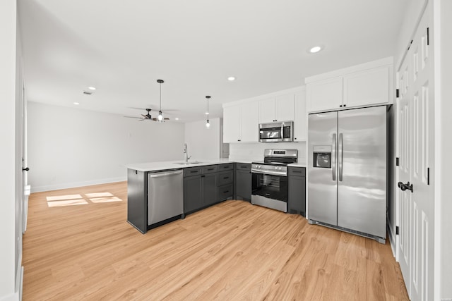 kitchen with stainless steel appliances, a peninsula, a sink, white cabinetry, and light wood finished floors