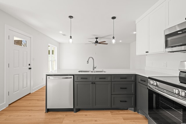 kitchen featuring stainless steel appliances, a peninsula, a sink, white cabinetry, and gray cabinets