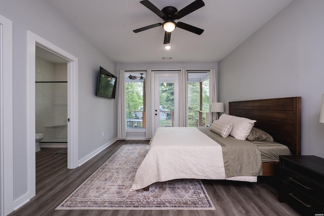 bedroom with access to exterior, dark wood-style flooring, ensuite bathroom, baseboards, and visible vents