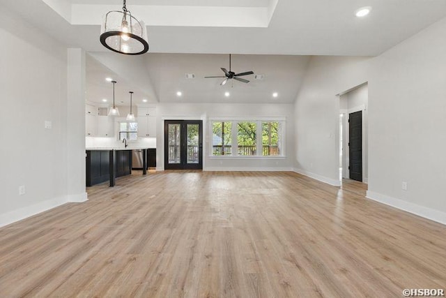 132 Lombard Ct, Hot Springs, AR 71901 - unfurnished living room with baseboards, recessed lighting, light wood-style floors, ceiling fan, and a sink